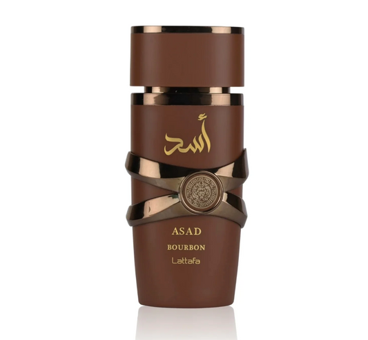 Lattafa Asad Bourbon compact fragrance bottle with rich, warm scent for travel and everyday use